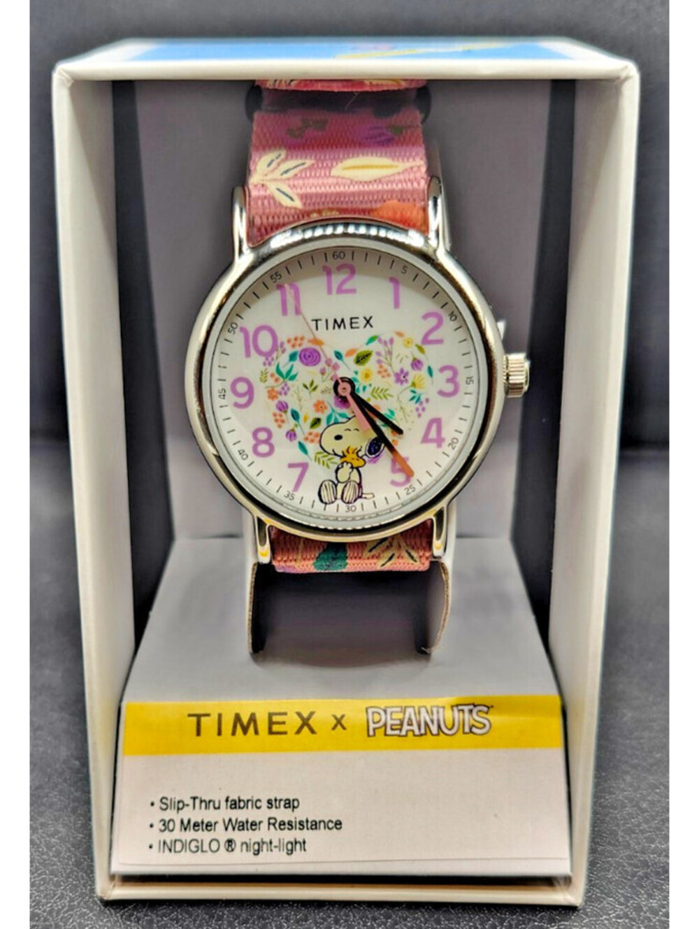 Timex Weekender x Peanuts Watch Snoopy Floral Pink Fabric Strap Indiglo NEW IB